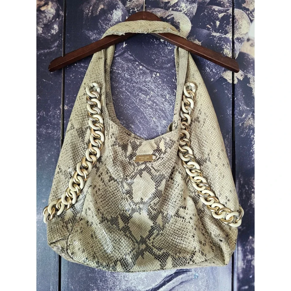 Michael Kors Snakeskin Embossed Leather Hobo Bag Gold Chain Link Beige Brown